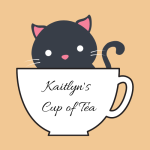 Light tan background with a cartoon cup of tea and a black cartoon cat in the tea cup with black cursive text stating Kaitlyn's Cup of Tea